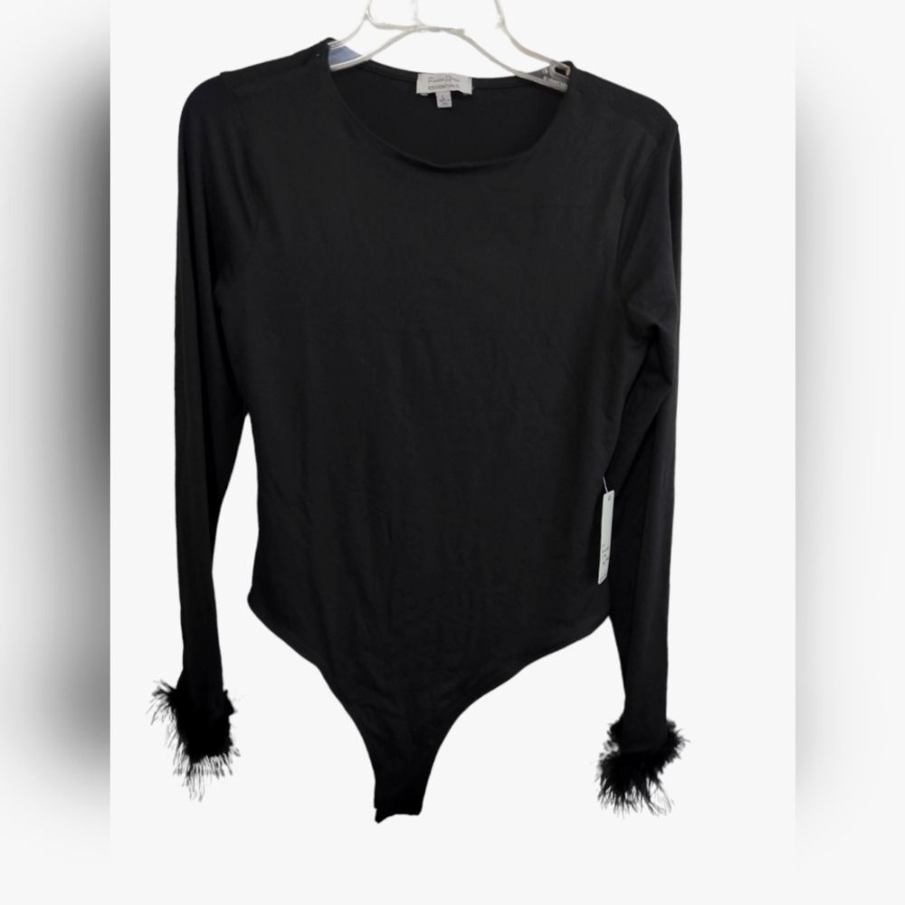2514) Faded Rose Essentials Black Feather Trim Bodysuit Size Large